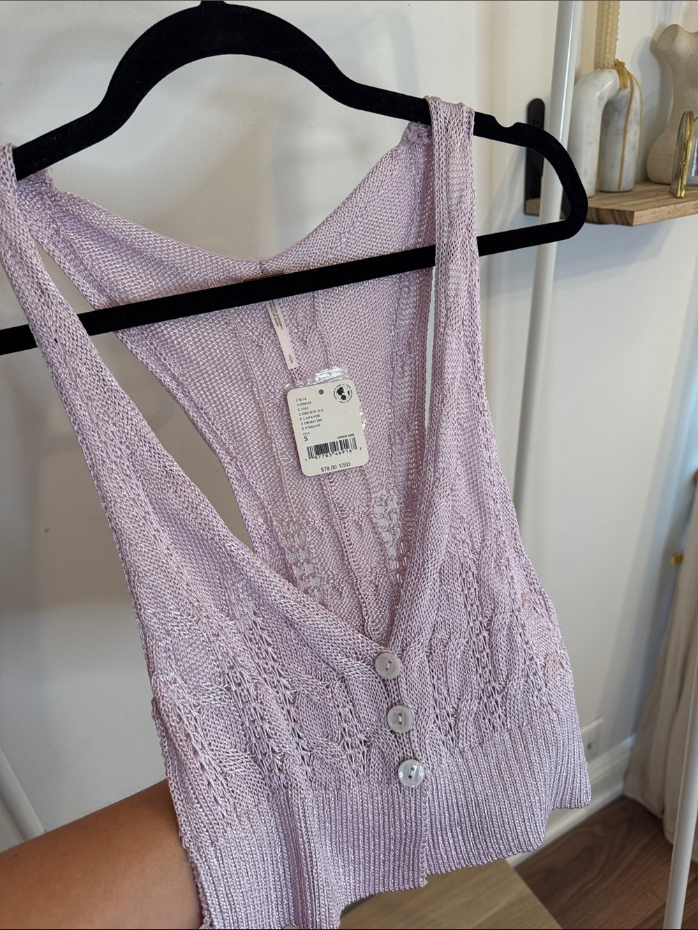 NWT Free People Lace-Stitch Lilac Knit Vest Top with Buttons size S
